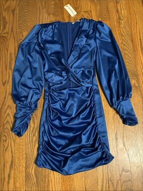 Satin Twist-Front Long Sleeve Dress in Royal Blue with cut out